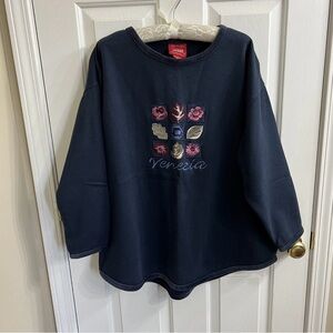 90s VENEZIA JEANS Embroidered Floral Patch Crewneck Adult Sz 14/16 3/4 Sleeve